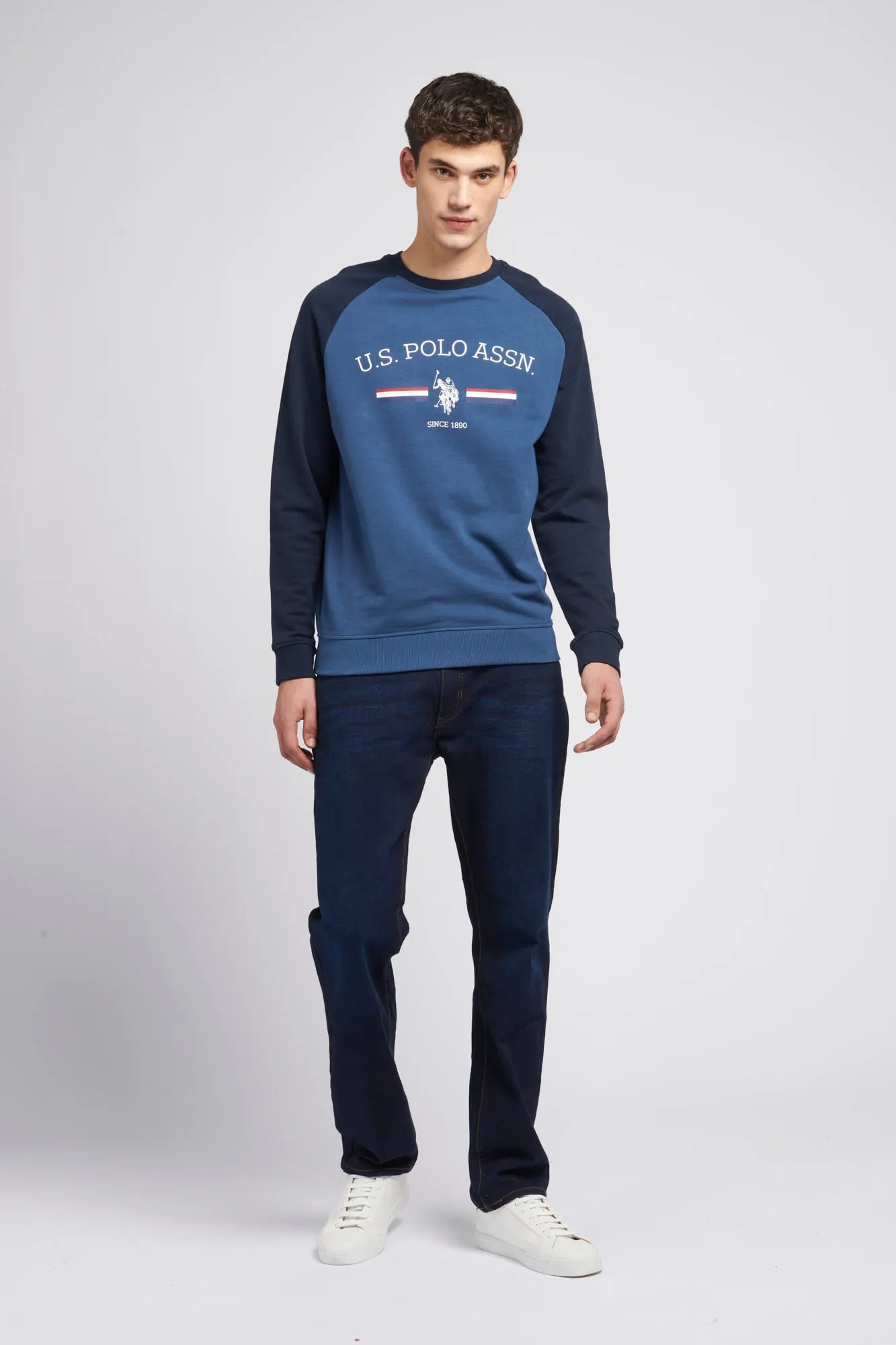 Mens Raglan Rider Crew Neck Sweater in Dark Denim