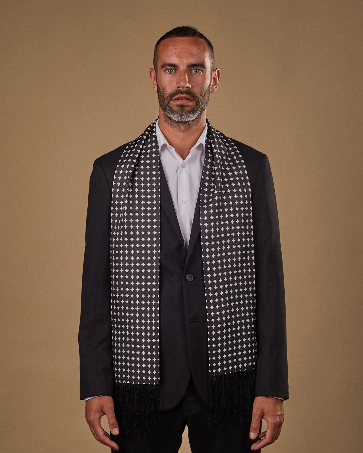 Mens Silk Aviator Scarf in Black & White Spots - The Grant