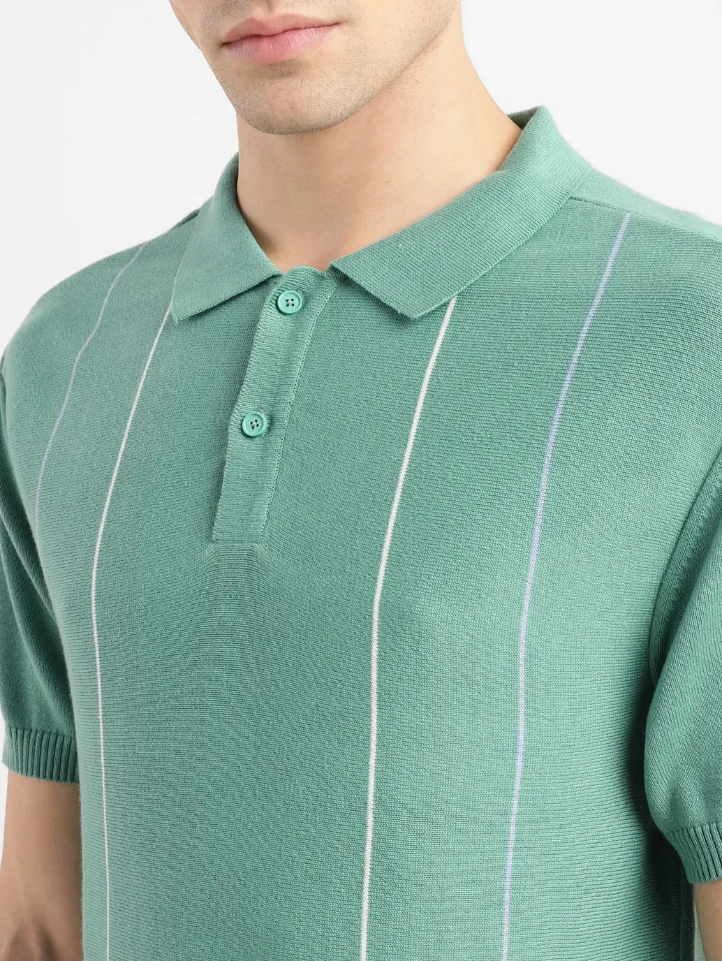 Men's Striped Green Polo Collar Sweater