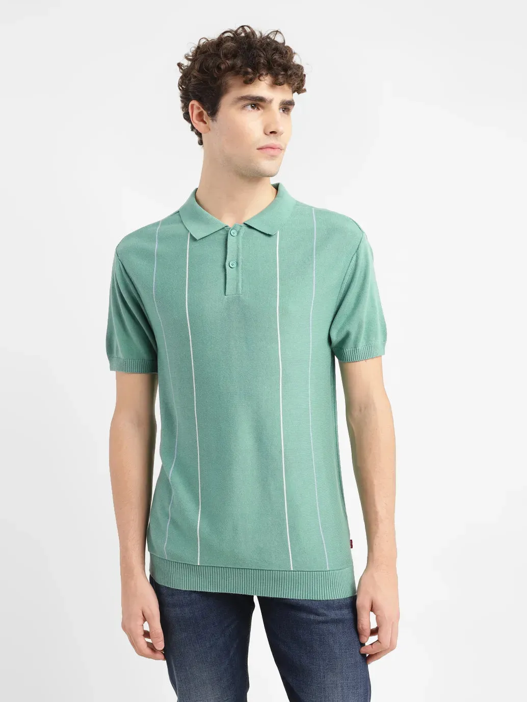 Men's Striped Green Polo Collar Sweater