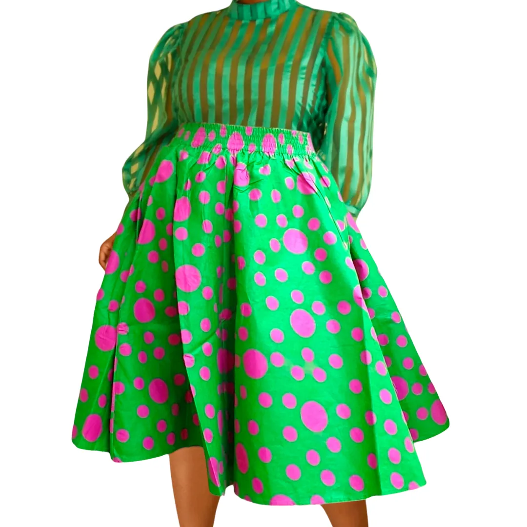 Mid Length Maxi Skirt- Green/Pink Polkadot