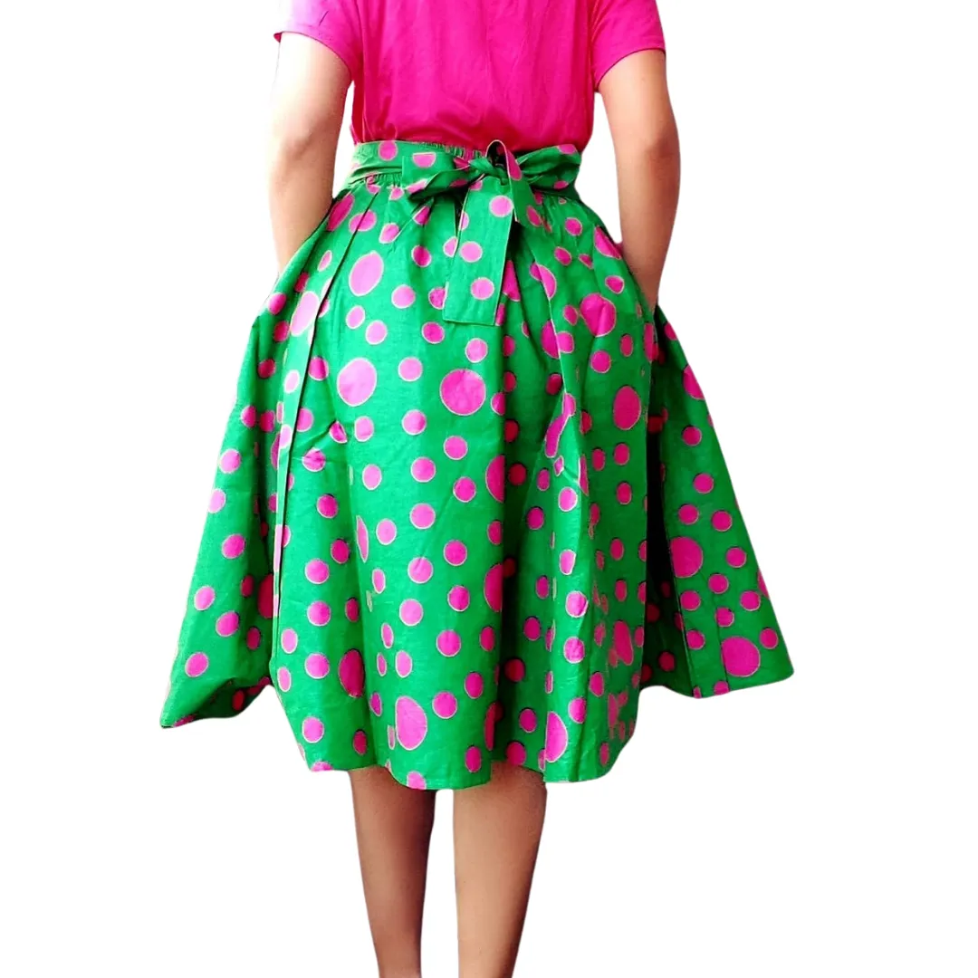 Mid Length Maxi Skirt- Green/Pink Polkadot