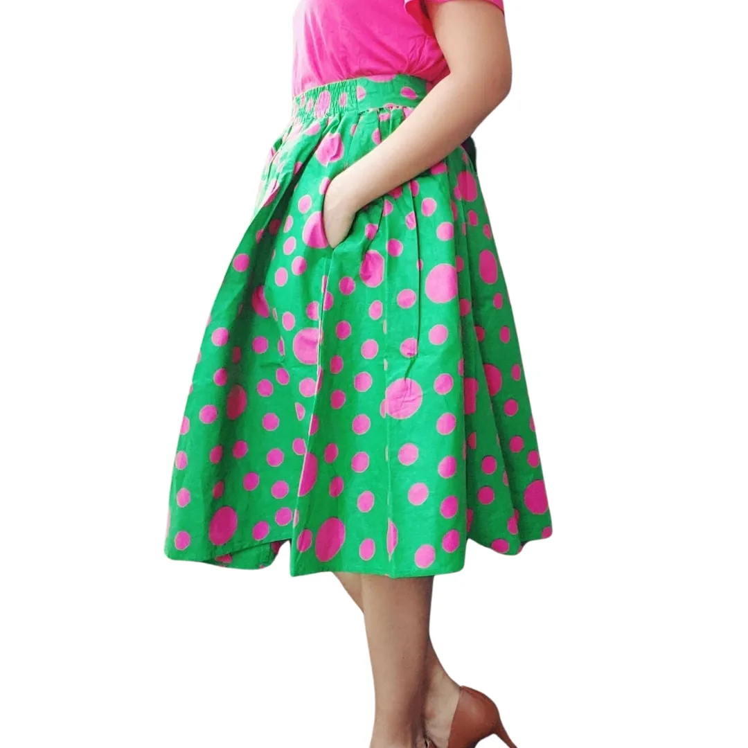 Mid Length Maxi Skirt- Green/Pink Polkadot