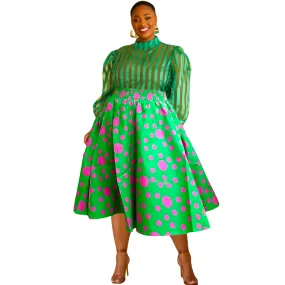 Mid Length Maxi Skirt- Green/Pink Polkadot