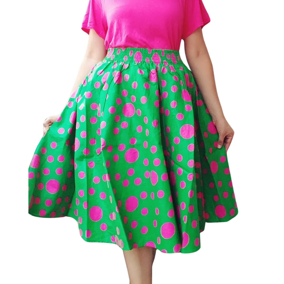 Mid Length Maxi Skirt- Green/Pink Polkadot