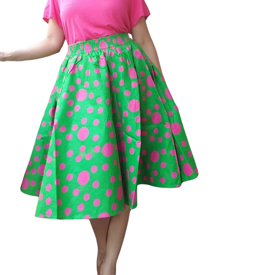 Mid Length Maxi Skirt- Green/Pink Polkadot