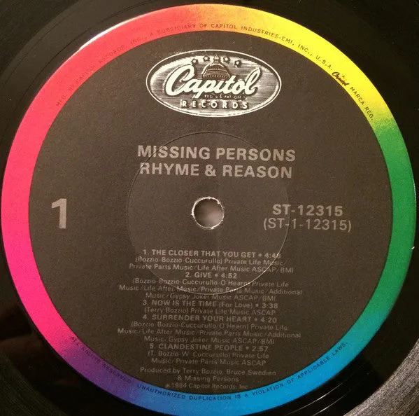 Missing Persons - Rhyme & Reason (LP, Album, Win) (NM or M-)