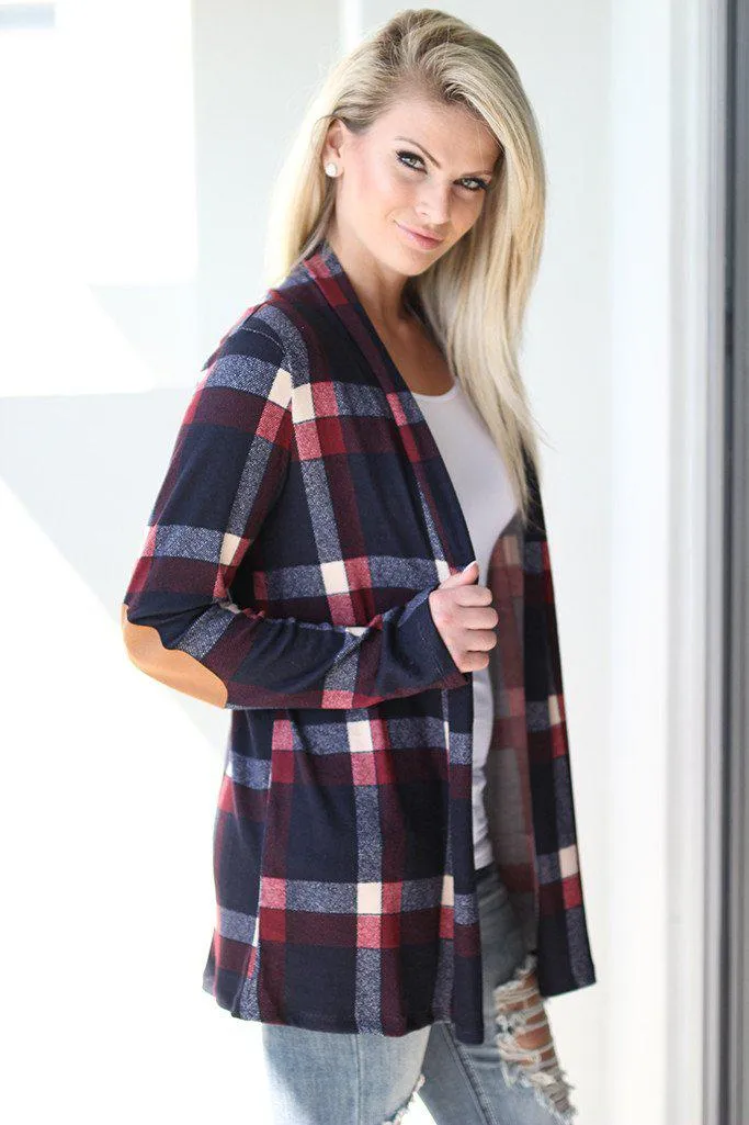 Navy and Burgundy Plaid Cardigan with Elbow Patches