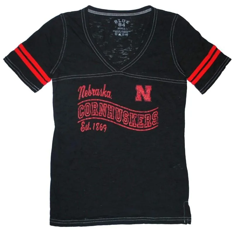 Nebraska Cornhuskers Blue 84 Women Black Red Burn Out V-Neck T-Shirt