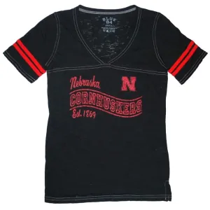 Nebraska Cornhuskers Blue 84 Women Black Red Burn Out V-Neck T-Shirt