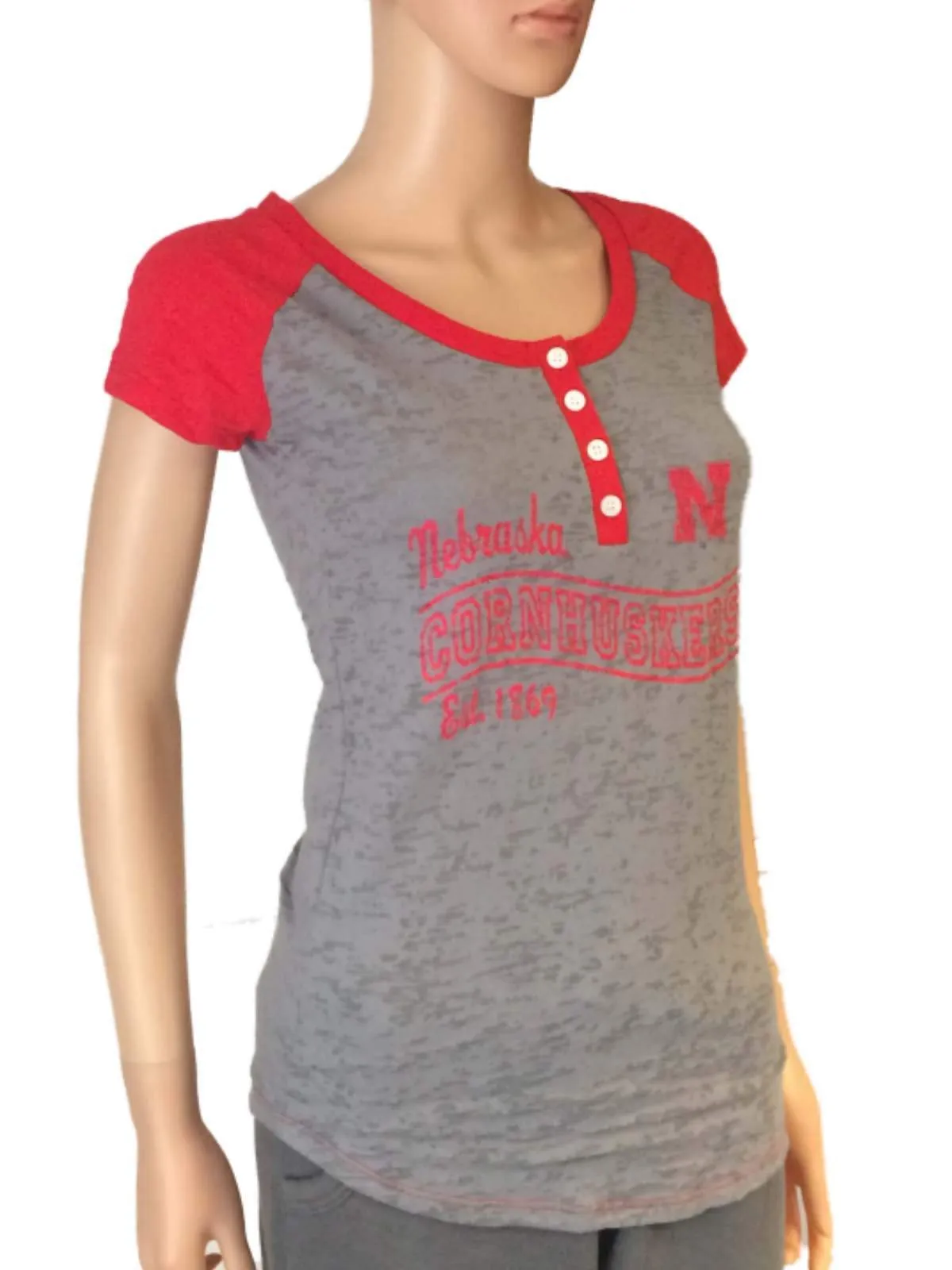 Nebraska Cornhuskers Blue 84 Women Gray Red 4-Button Burn Out T-Shirt