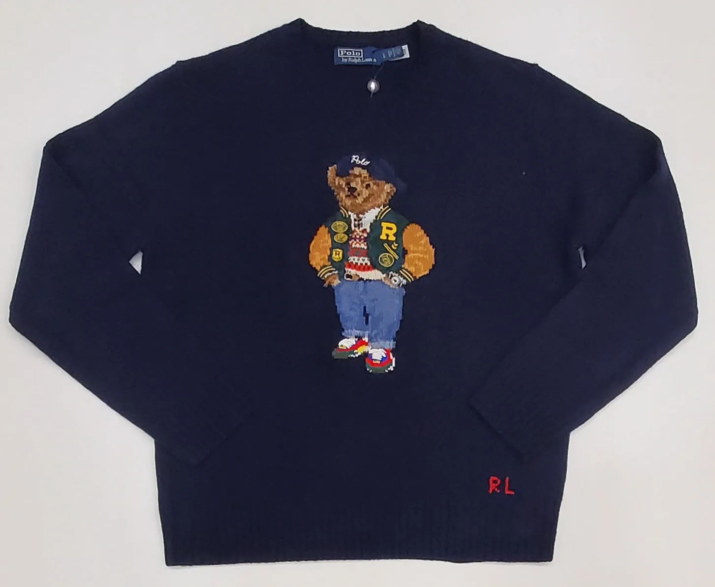 Nwt Polo Ralph Lauren Navy Blue Varsity Jacket Wool Blend Teddy Bear Sweater