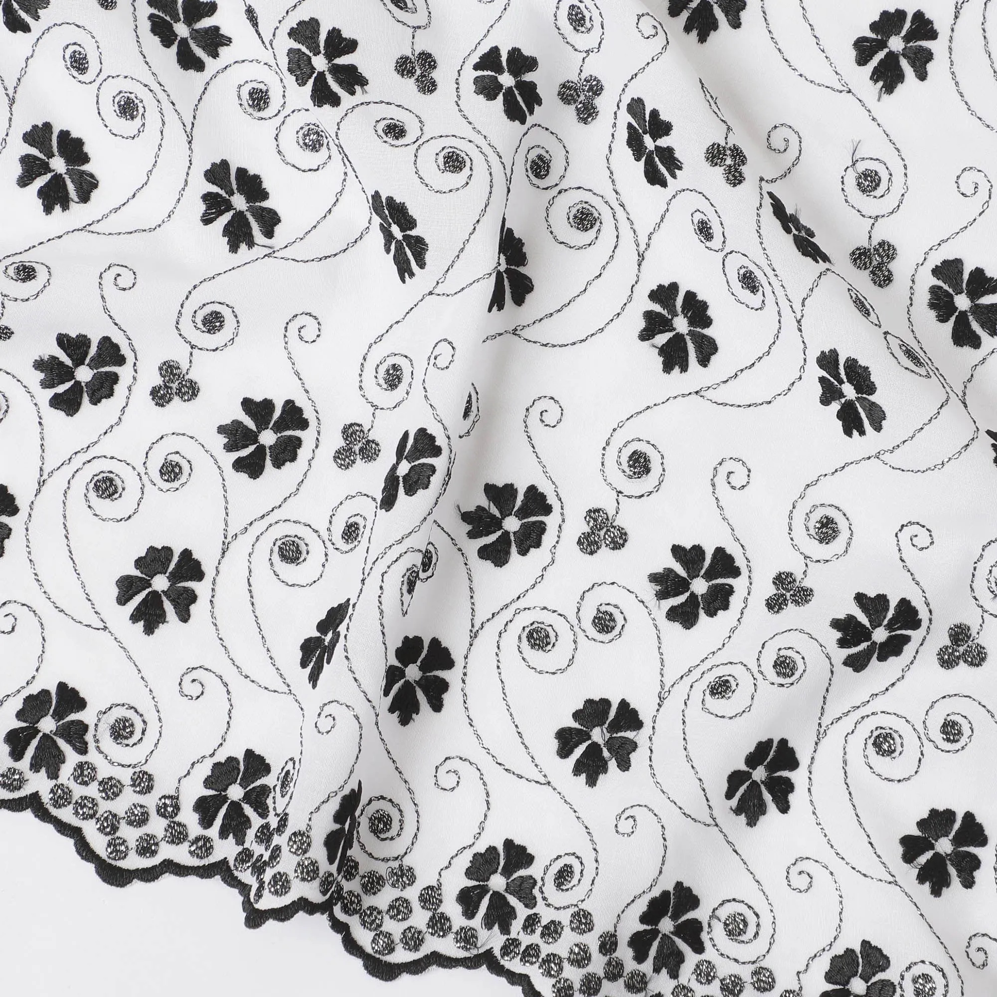 Off white Premium pure 100% Swiss cotton voile (Sudanese Thobe) fabric with black and silver embroidery in floral design-D13789