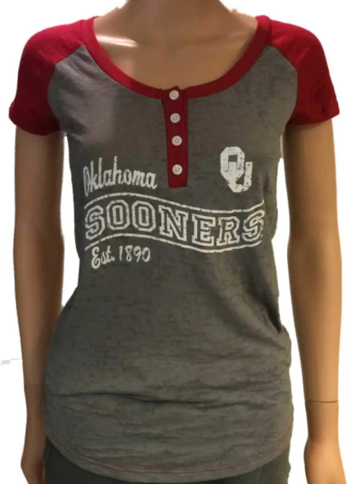 Oklahoma Sooners Blue 84 Women Gray Red-Shoulder Buttoned Short Sleeve T-Shirt