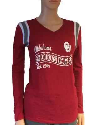 Oklahoma Sooners Blue 84 Women Red V-Neck Burn Out Long Sleeve T-Shirt