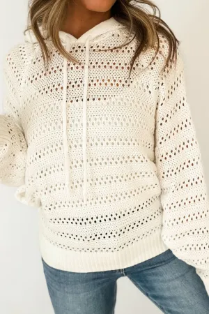 Openwork Drawstring Long Sleeve Hooded Knit Cover Up