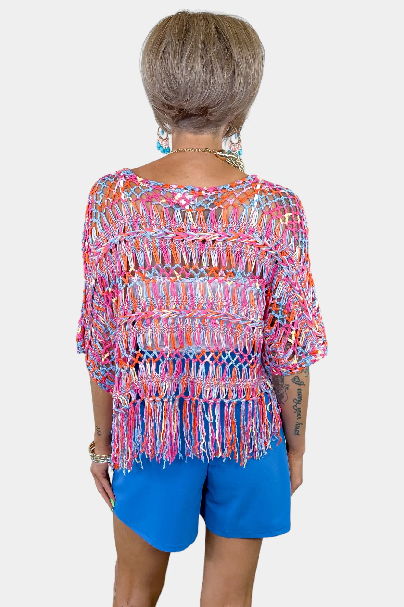 Orange Open Knit Fringe Top