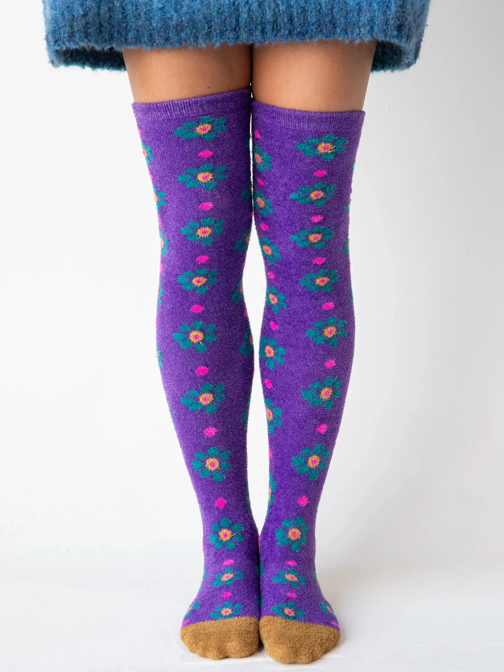 Over-the-Knee Cozy Socks - Indigo Floral