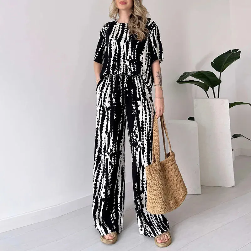 Pattern Print Summer O Neck Short Sleeve Shirt Tops Long Pants Elegant Commuter Fashion Set