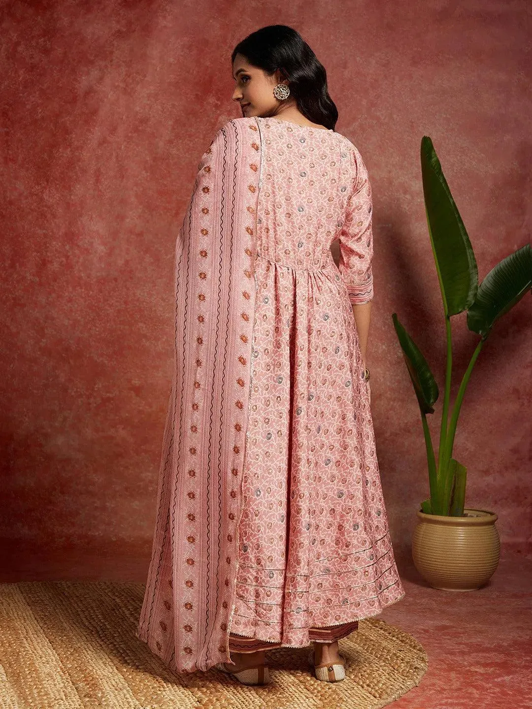 Peach Printed Silk Blend Anarkali Suit With Dupatta