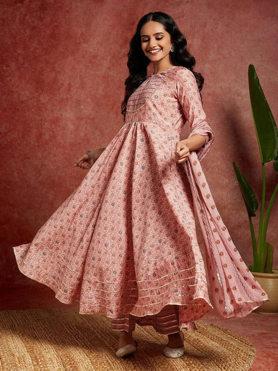 Peach Printed Silk Blend Anarkali Suit With Dupatta