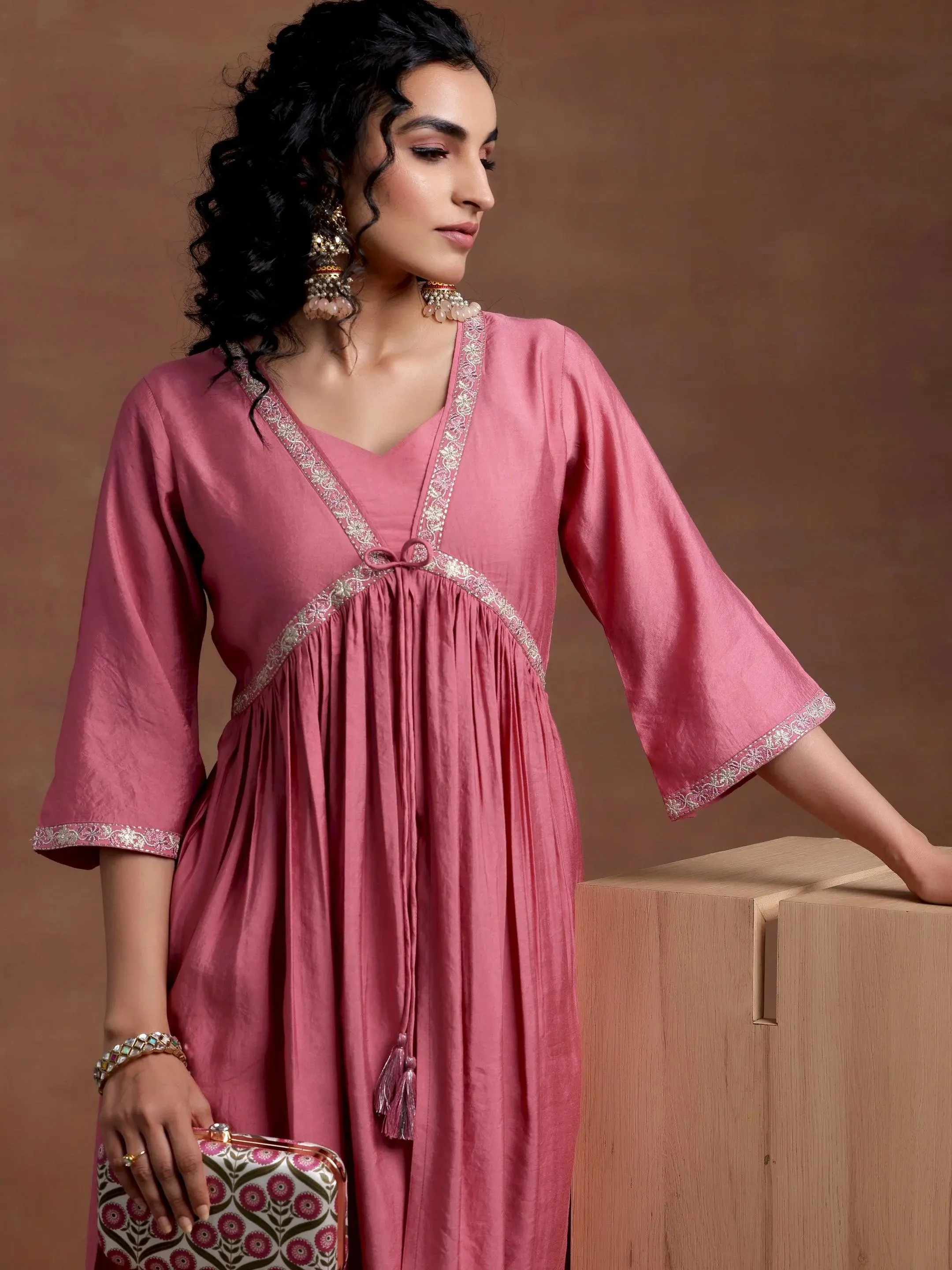 Peach Solid Silk Blend A-Line Kurta With Trousers