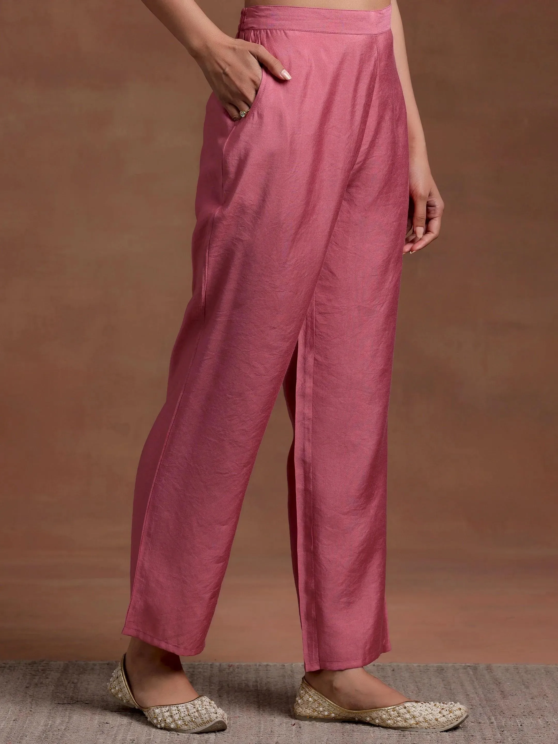 Peach Solid Silk Blend A-Line Kurta With Trousers