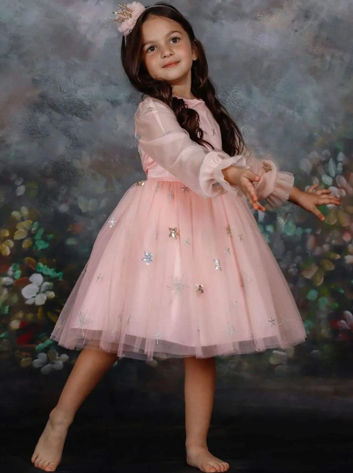 Pink Perfection Sequin Star Tulle Sleeve Dress