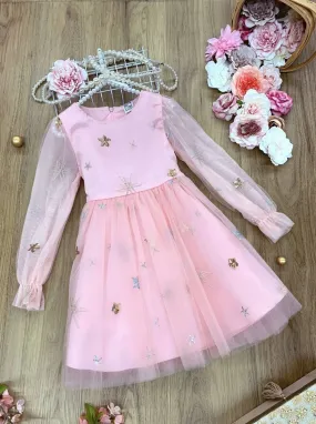 Pink Perfection Sequin Star Tulle Sleeve Dress