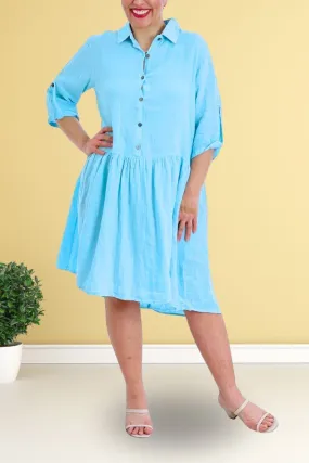 Plain Button Up Flared Linen Dress