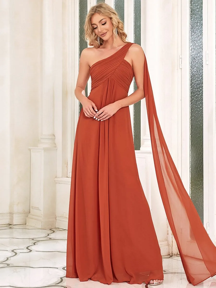 Pleated Chiffon One Shoulder Long Evening Dress