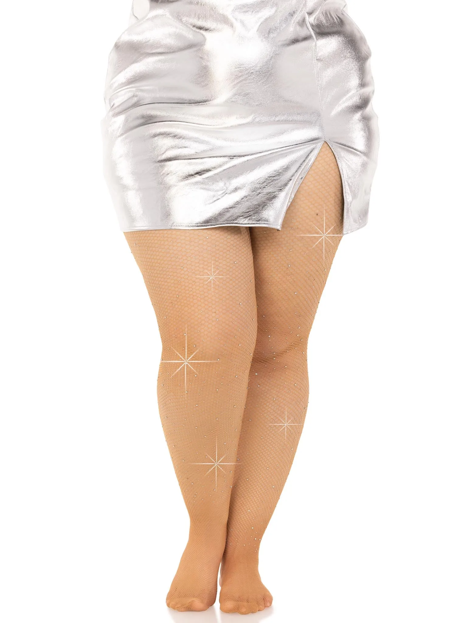 Plus Size Rhinestone Fishnet Tights in Nude