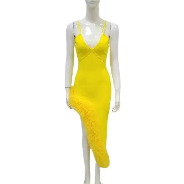 Pre Order:  Yellow Thin-Strap Bandage Ruffled Dress