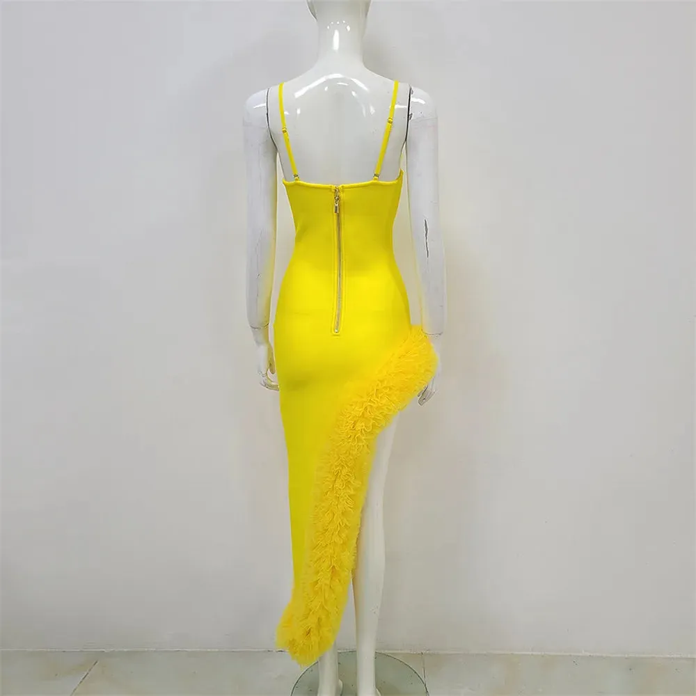 Pre Order:  Yellow Thin-Strap Bandage Ruffled Dress