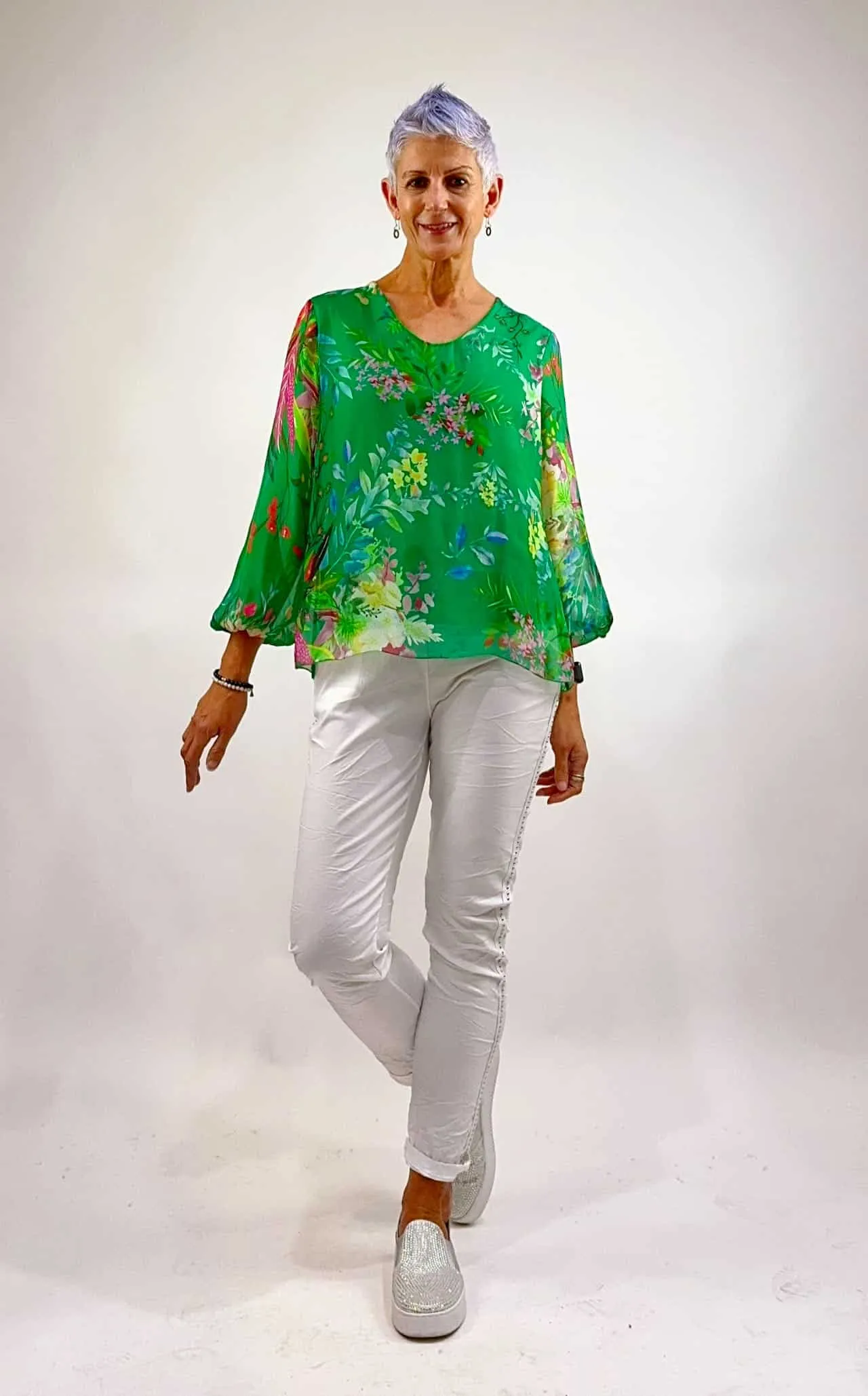 Pricilla Silk Top Green Print