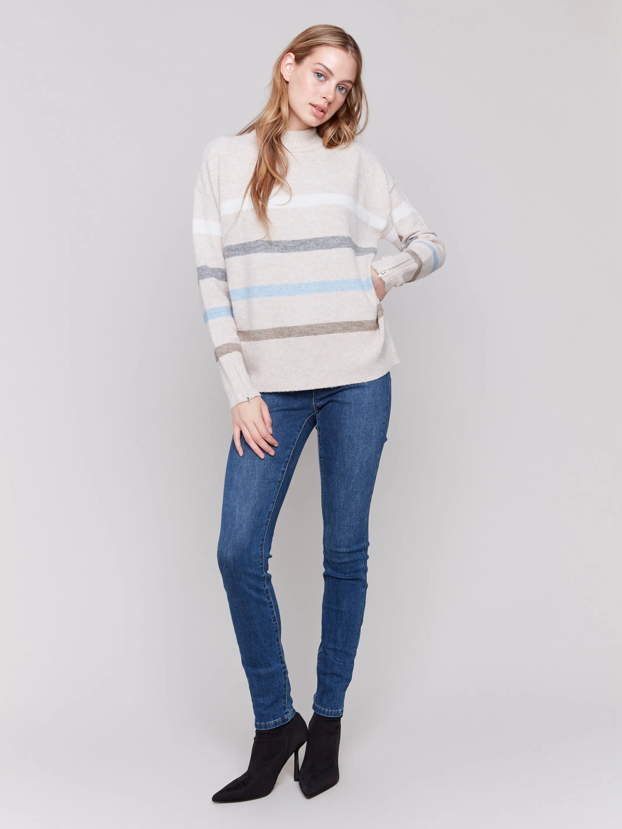 Printed Mock Neck Sweater with Sleeve Zippers - Beige