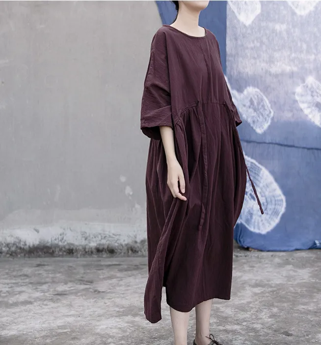 Purple Loose Linen Cotton O Neck Quarters Sleeves Women Dress