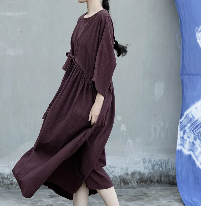 Purple Loose Linen Cotton O Neck Quarters Sleeves Women Dress