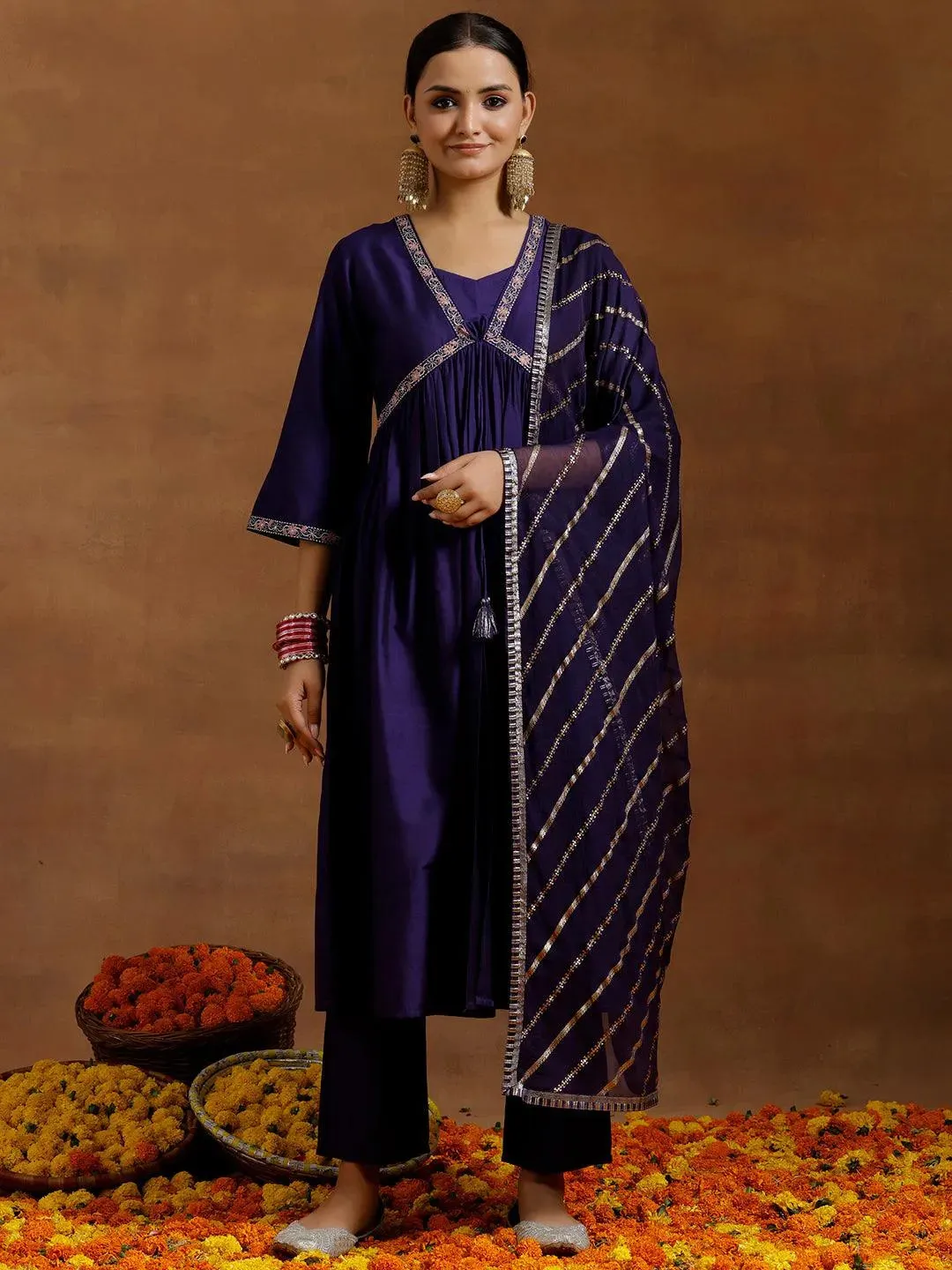 Purple Solid Silk Blend A-Line Kurta With Trousers & Dupatta