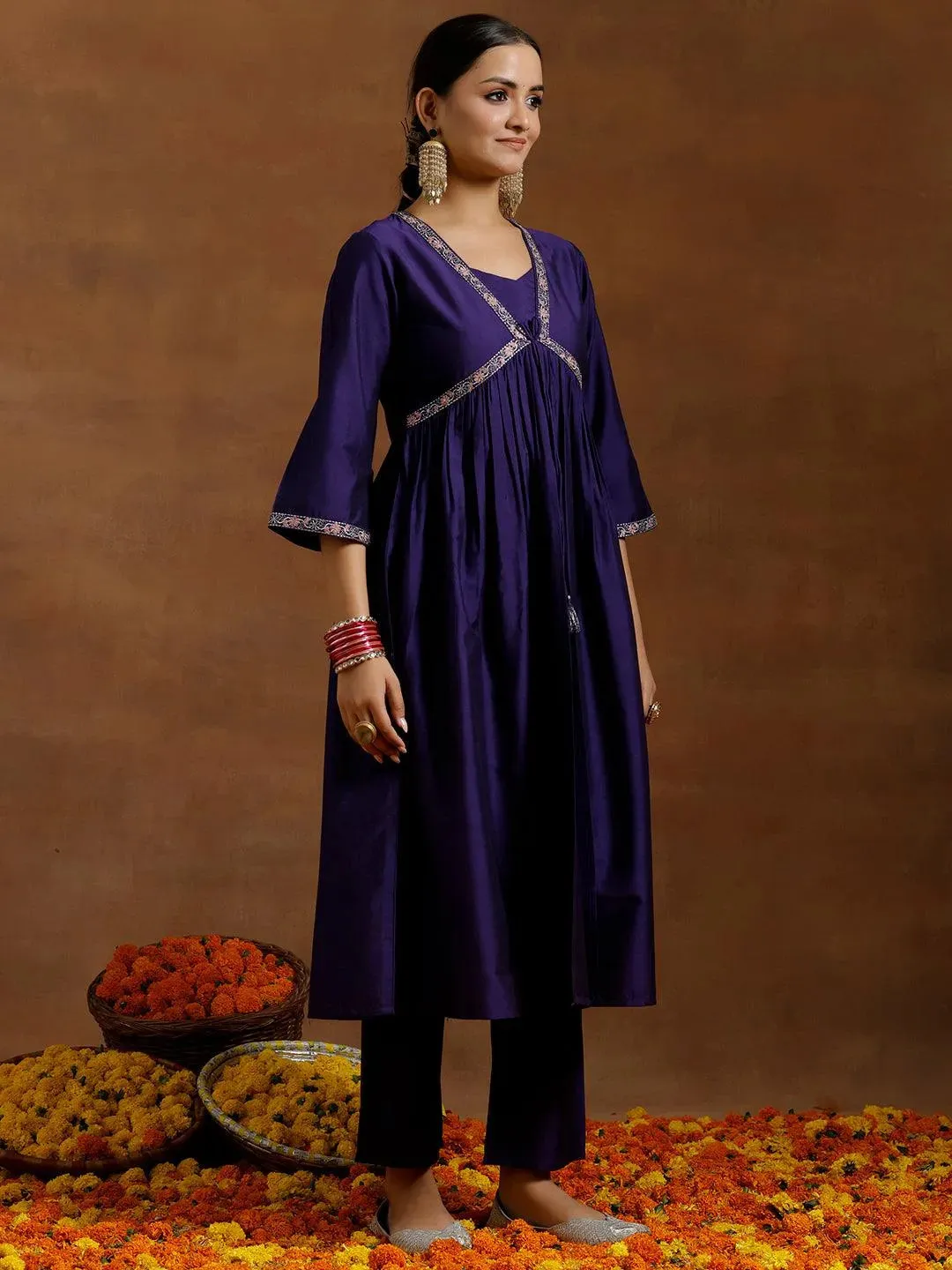 Purple Solid Silk Blend A-Line Kurta With Trousers & Dupatta