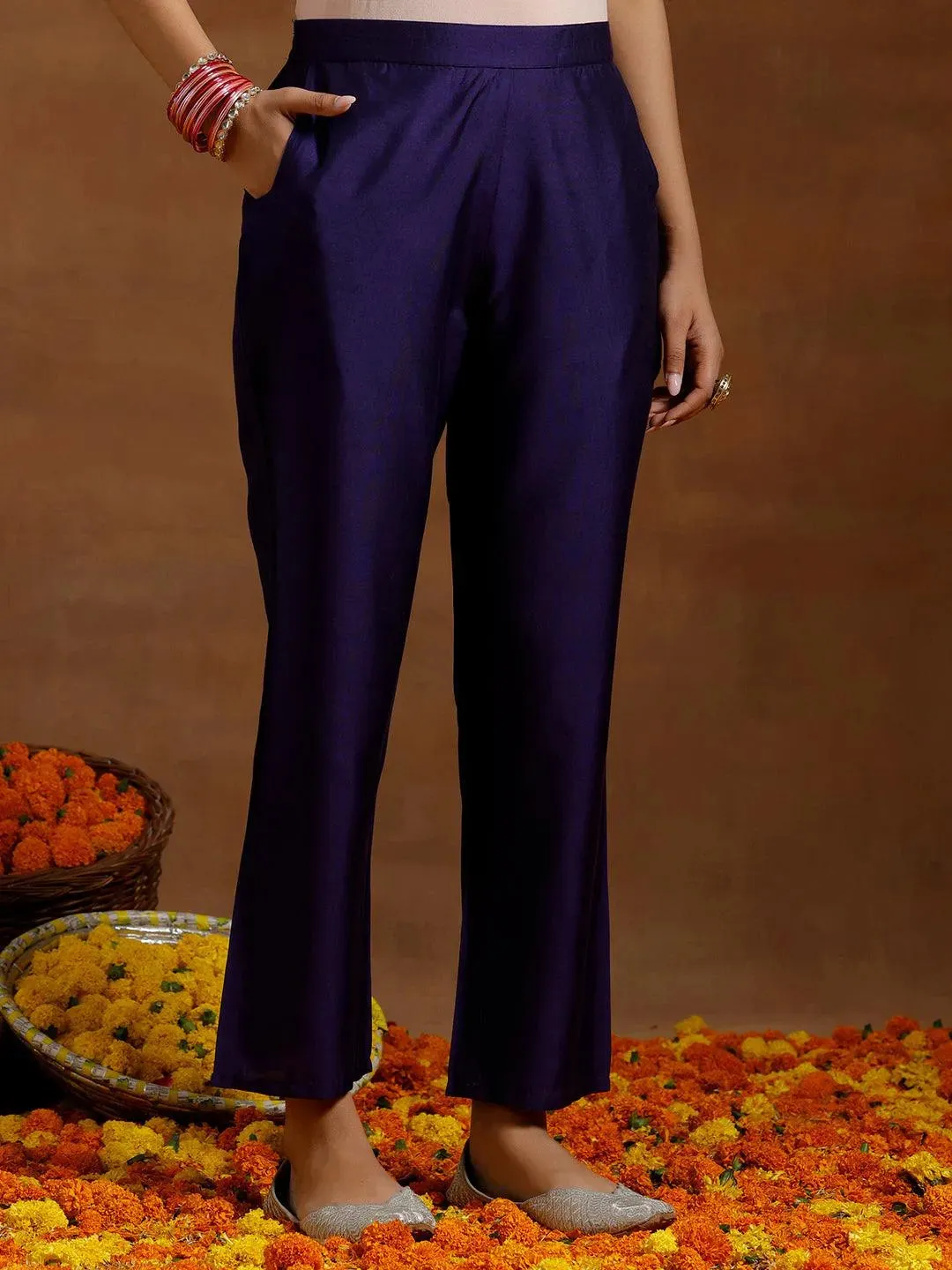 Purple Solid Silk Blend A-Line Kurta With Trousers & Dupatta