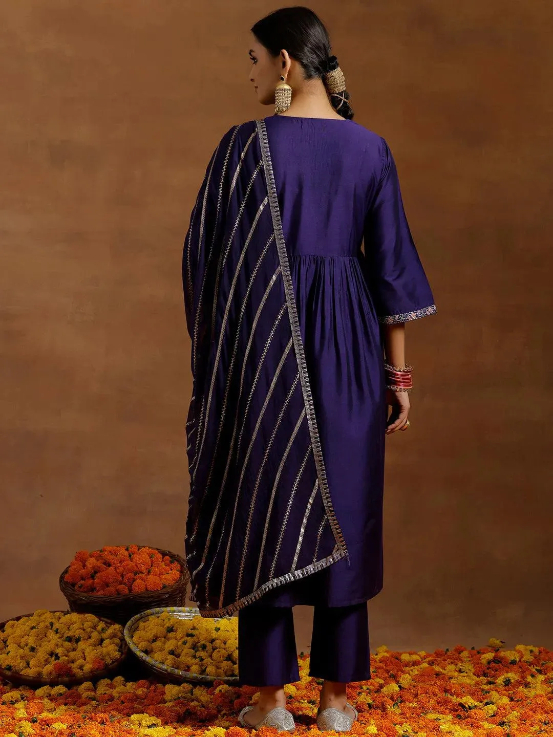 Purple Solid Silk Blend A-Line Kurta With Trousers & Dupatta