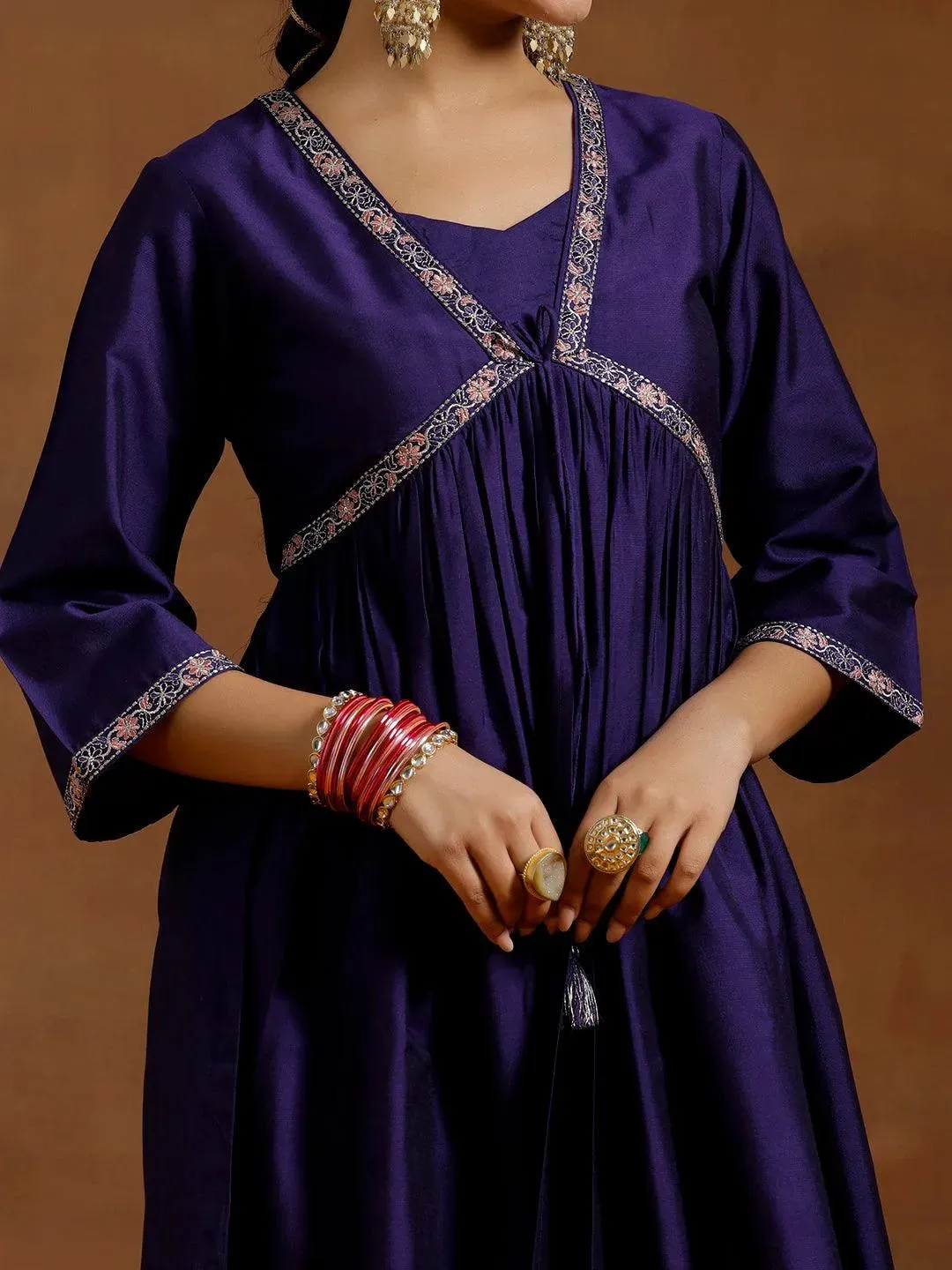 Purple Solid Silk Blend A-Line Kurta With Trousers & Dupatta