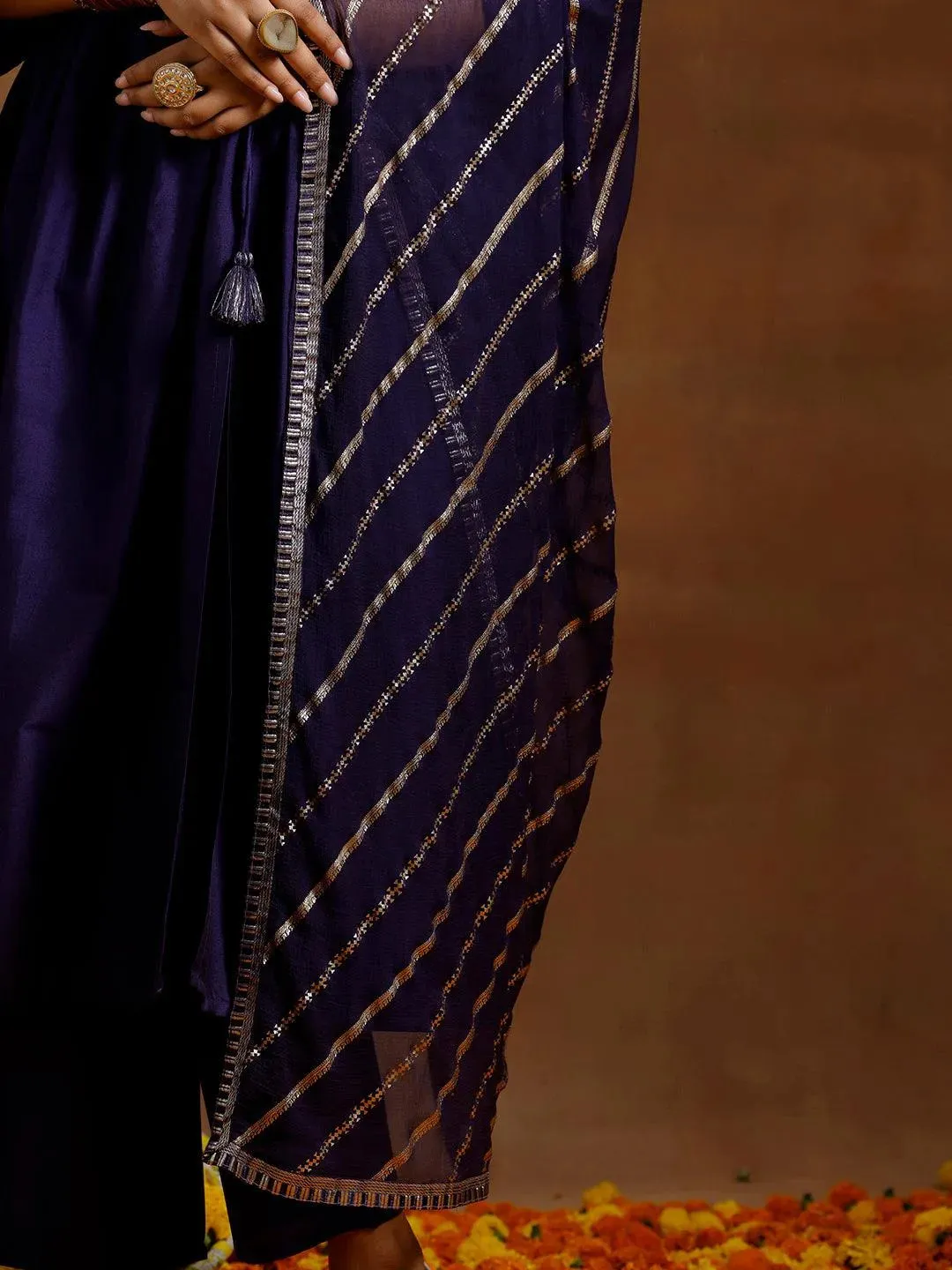 Purple Solid Silk Blend A-Line Kurta With Trousers & Dupatta