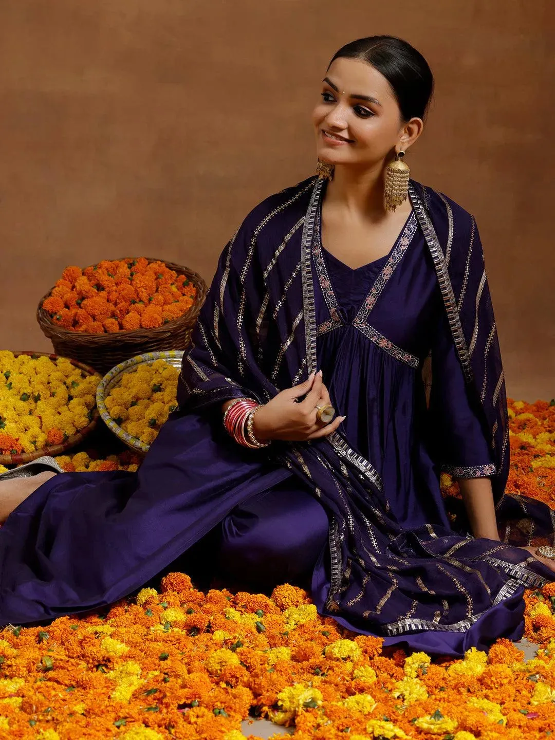 Purple Solid Silk Blend A-Line Kurta With Trousers & Dupatta