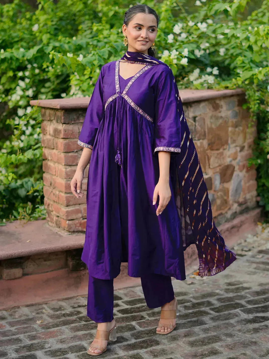 Purple Solid Silk Blend A-Line Kurta With Trousers & Dupatta