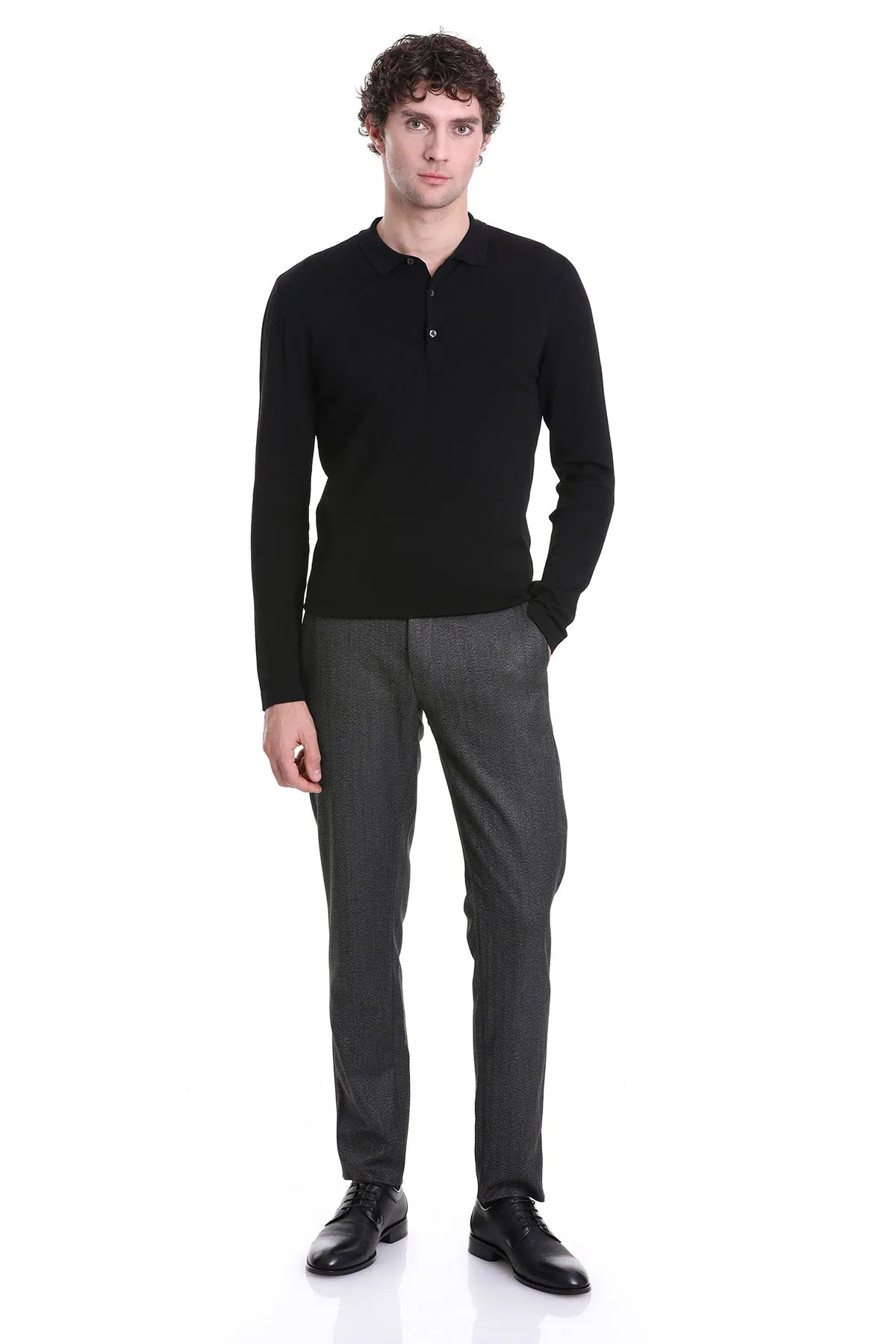 Regular Fit Black Wool Blend Polo Sweater