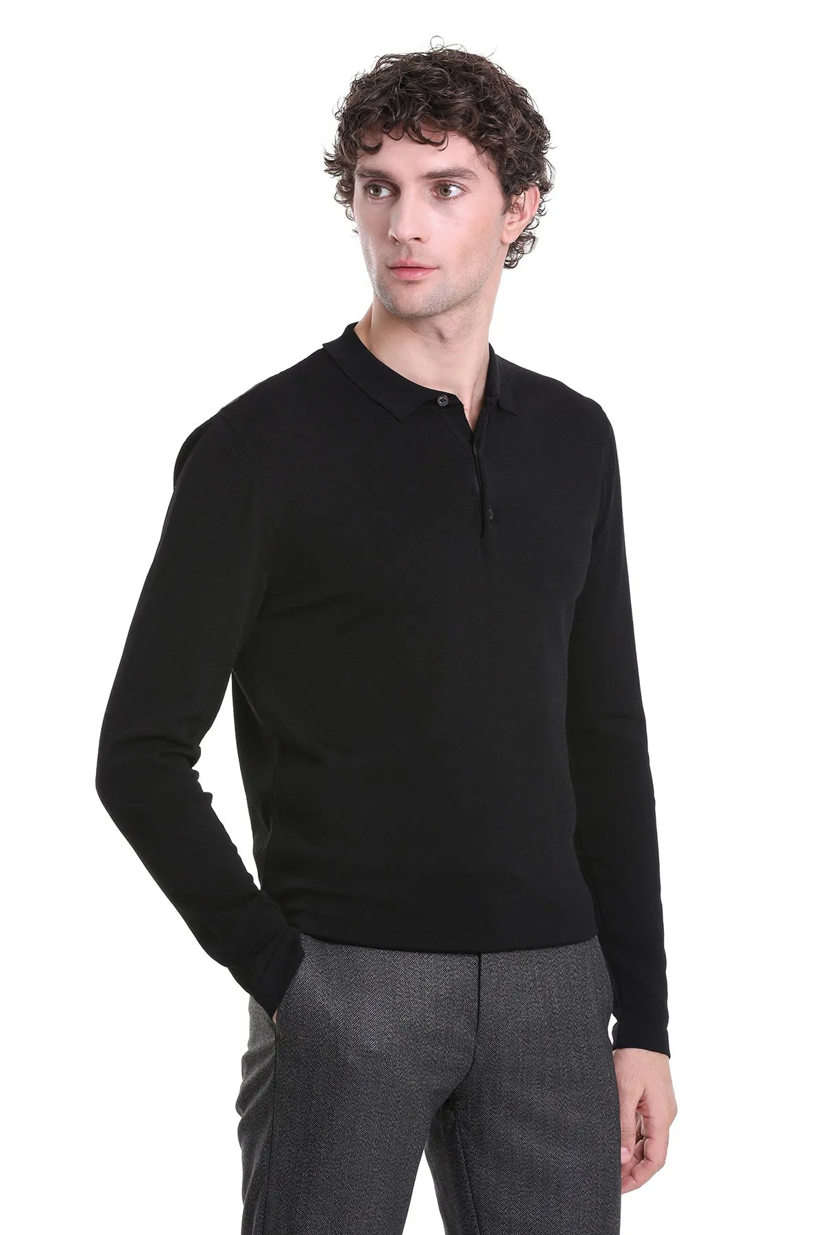 Regular Fit Black Wool Blend Polo Sweater