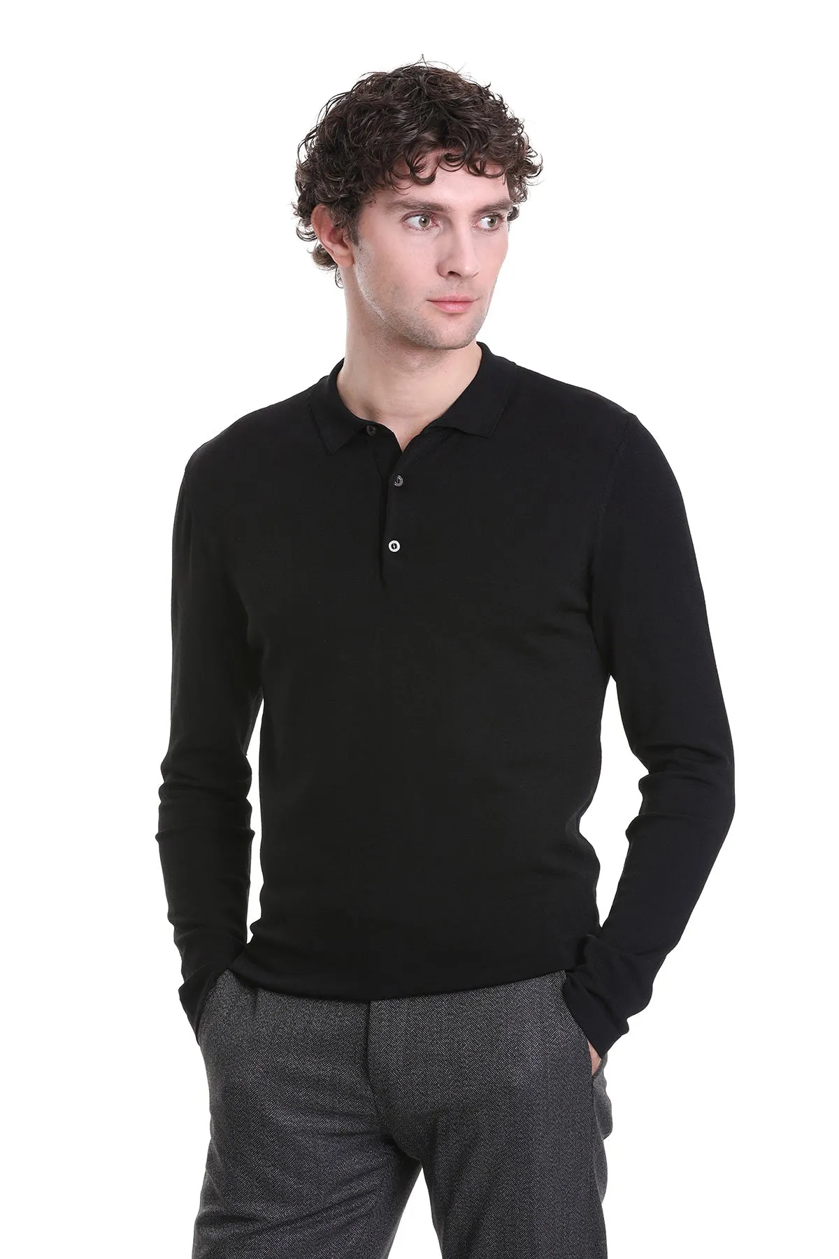 Regular Fit Black Wool Blend Polo Sweater