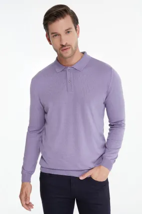 Regular Fit Cotton Blend Light Purple Polo Sweater